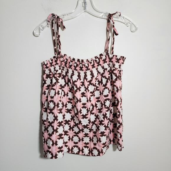 Loft NWT sunwashed linen blend floral smocked tie bow strap cami top womans sz M - Picture 2 of 10